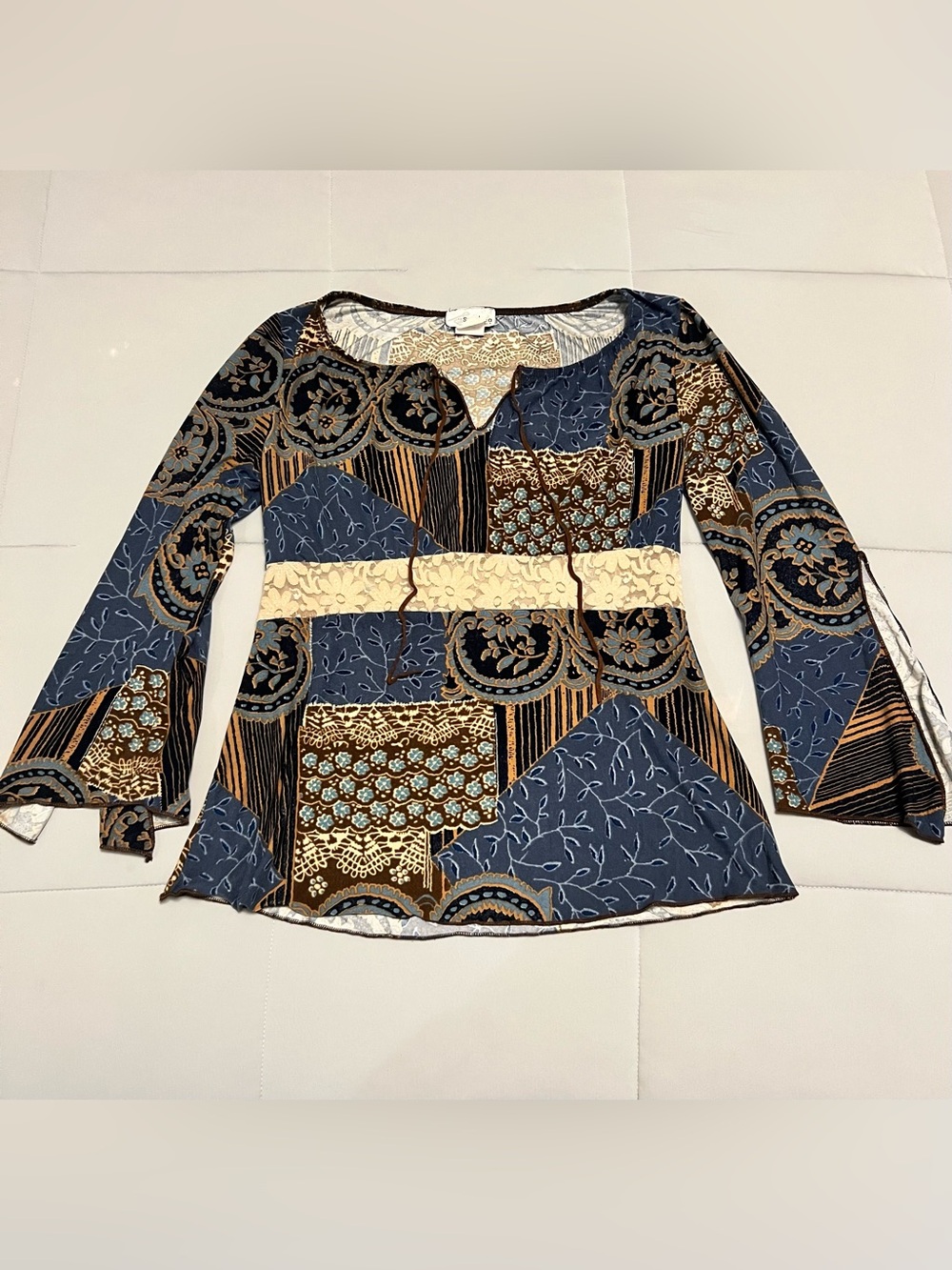 Vintage Y2K Sandrea Paisley Patchwork Split Bell Sleeve Mesh Top Size Small